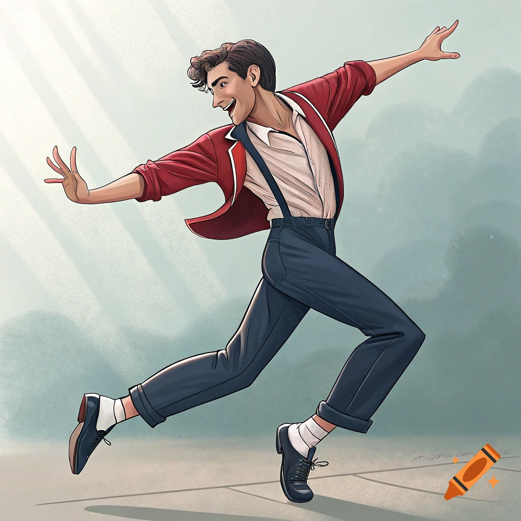 An illustration of a man in a red jacket and suspenders striking a lively dance pose with a wide smile.