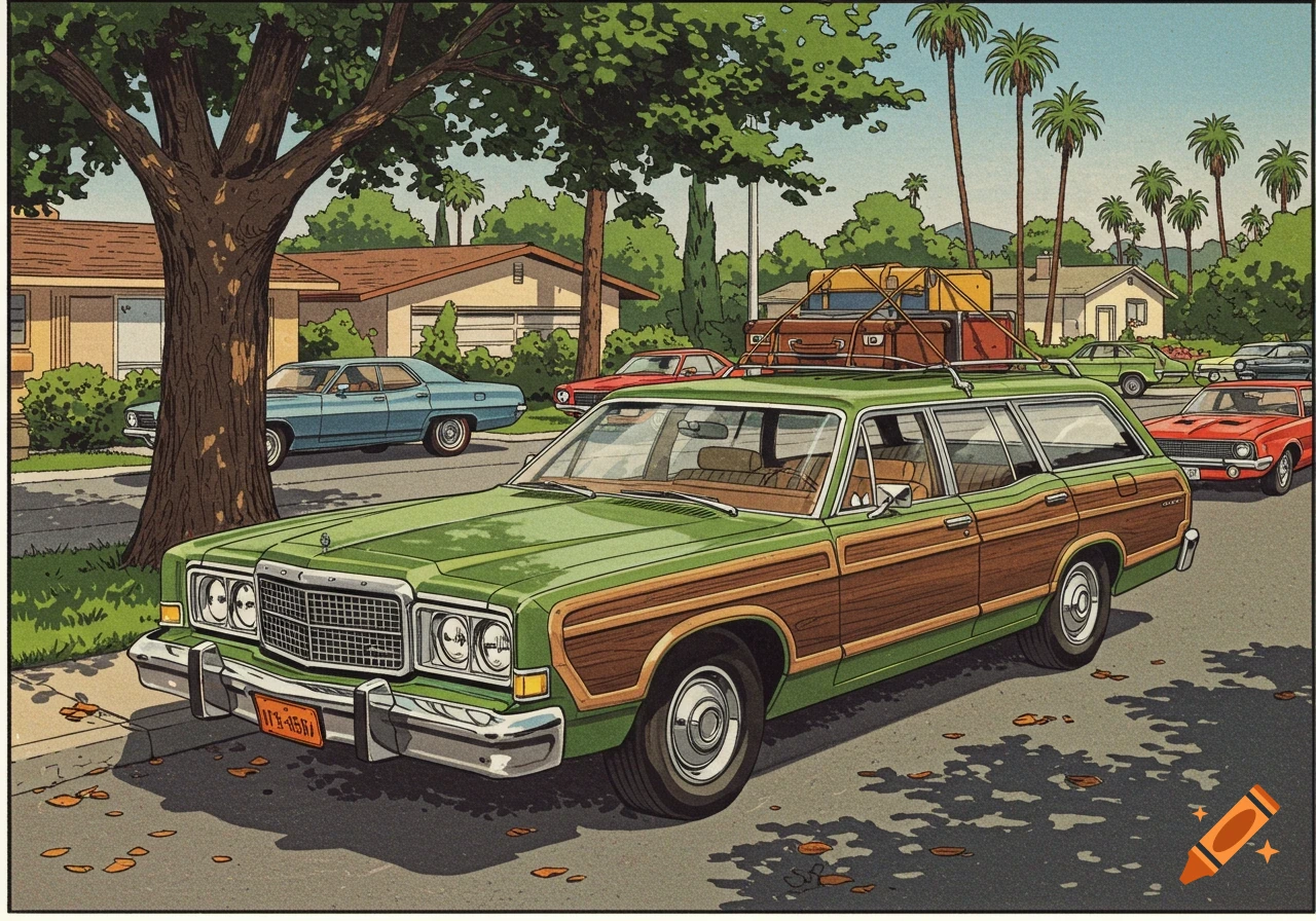 A green 1970s wood-paneled station wagon is parallel parked on a street with other classic cars and palm trees in an illustrative style.