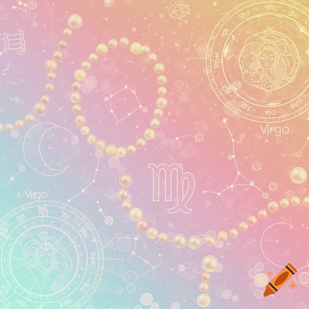 Pastel gradient background with strings of pearls, constellations, zodiac symbols, and the Virgo sign.