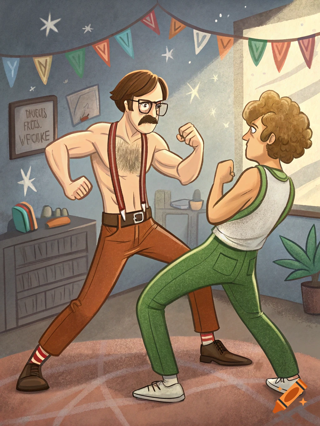 Cartoon illustration of a shirtless man with a mustache and suspenders flexing, facing another man with curly hair in a green tank top, in a stylized room.