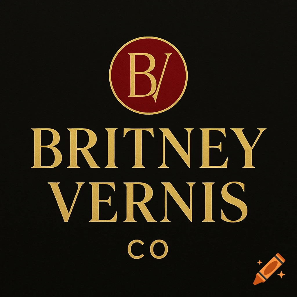 Black background with a gold and red logo for Britney Vernis Co. A red circle with gold 'B/' sits above 'BRITNEY VERNIS CO' in gold.