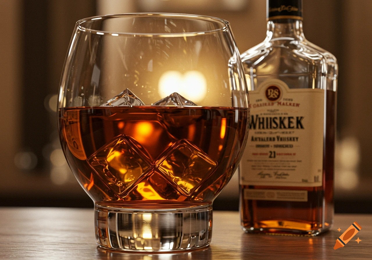 A photorealistic close-up of a glass filled with whiskey and ice, next to a whiskey bottle, on a wooden surface.