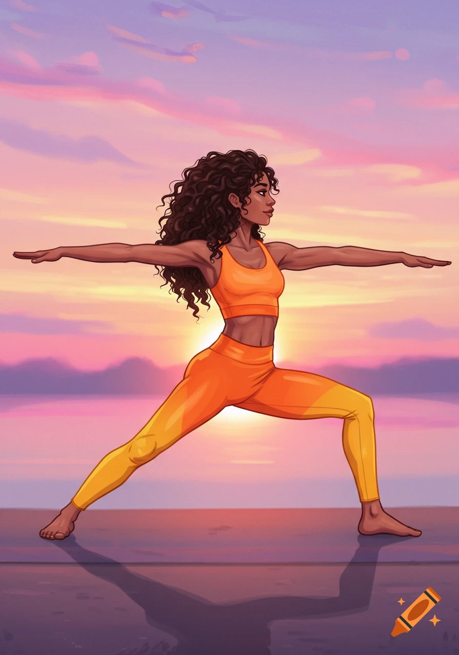 A woman with curly hair performs a yoga pose against a vibrant sunset sky in a cartoon style.
