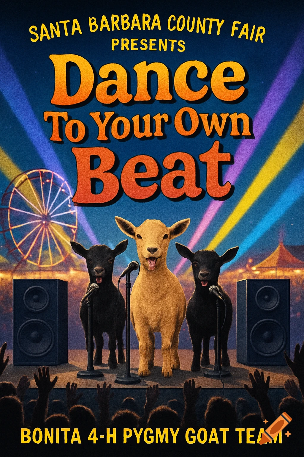 A vibrant concert poster for the Santa Barbara County Fair, featuring three pygmy goats singing on a stage with microphones. A crowd cheers in the foreground, and a lit-up ferris wheel and fair tents are in the background under colorful concert lights. The text reads "Dance To Your Own Beat" and "Bonita 4-H Pygmy Goat Team."