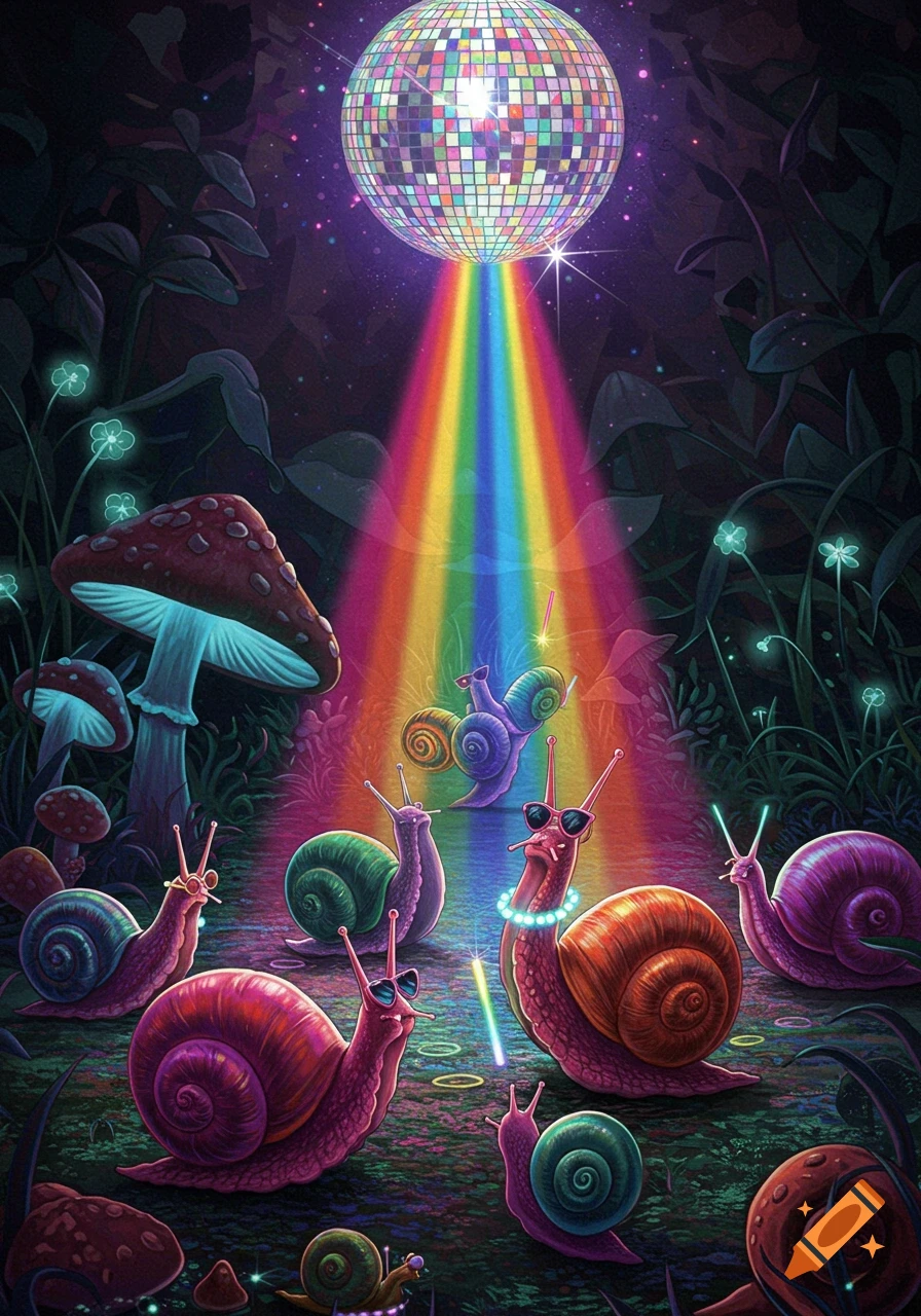 Colorful snails with sunglasses and jewelry dance under a sparkling disco ball casting rainbow light in a vibrant, mushroom-filled forest.