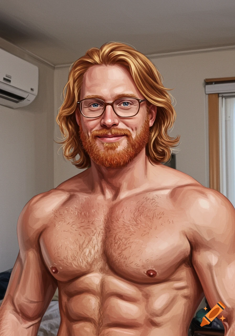 A stylized portrait of a muscular man with reddish-blonde hair, beard, and glasses, smiling in an indoor room.