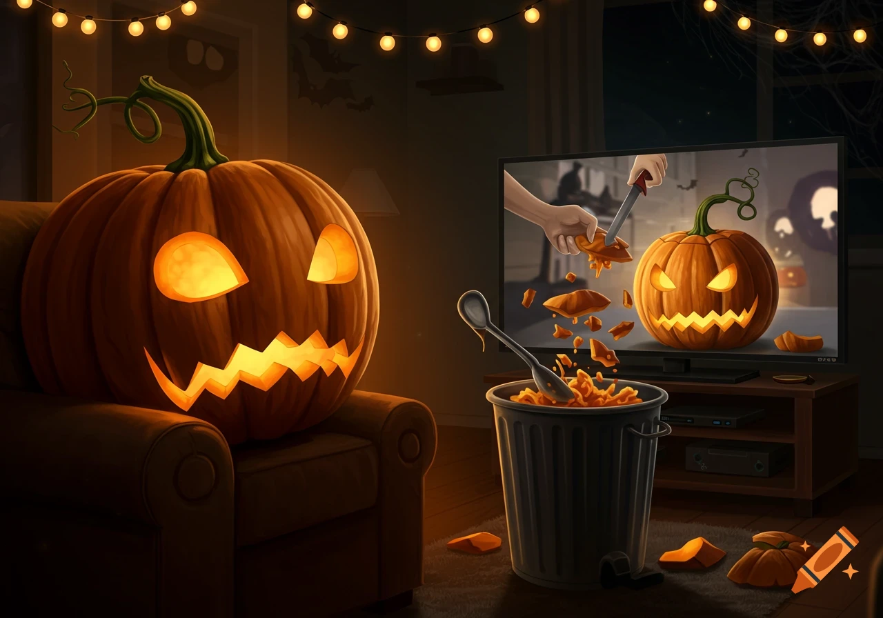 A carved jack-o'-lantern watches a pumpkin being carved on TV, in a spooky Halloween-decorated room.