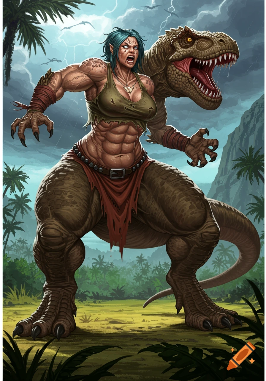 A muscular, reptilian woman with green hair and glowing eyes, with a T-rex head behind her, standing in a jungle under a stormy sky.