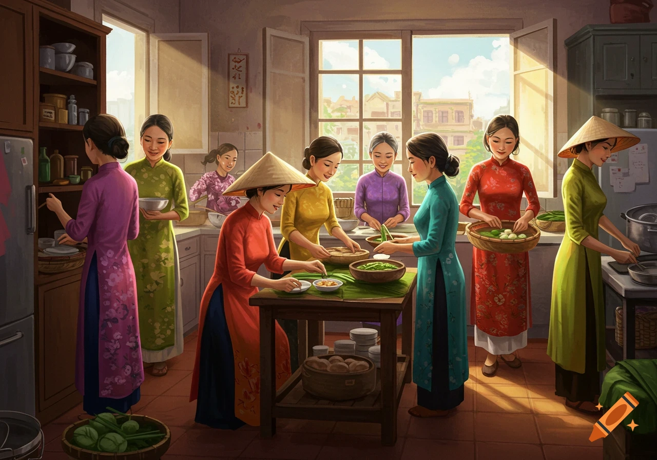 Vietnamese women in traditional ao dai and conical hats prepare food in a brightly lit kitchen.