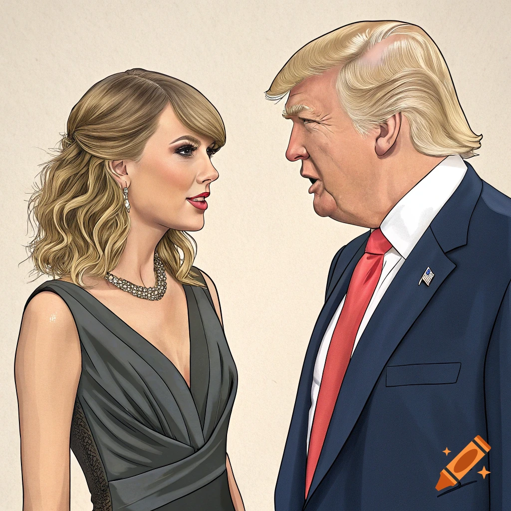 Caricature illustration of Taylor Swift in a dark dress looking at Donald Trump in a suit and red tie.