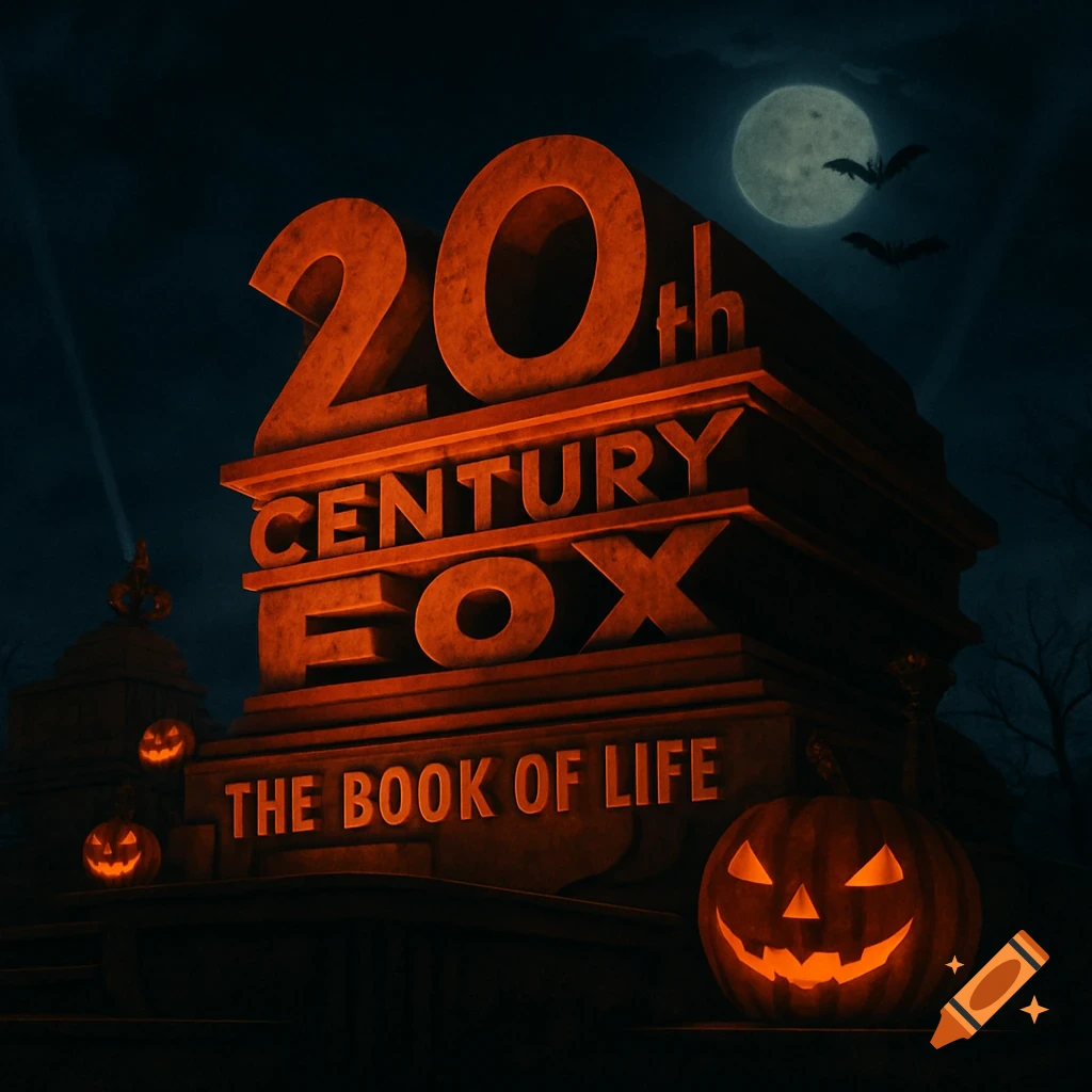 A Halloween-themed 20th Century Fox logo at night, featuring jack-o'-lanterns, bats, and a full moon.