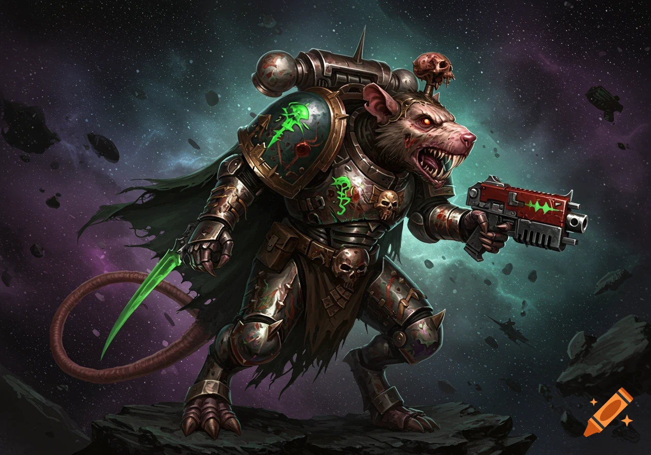A fierce, armored rat-like creature with bared teeth stands on a rock in space, holding a gun and a glowing green blade.