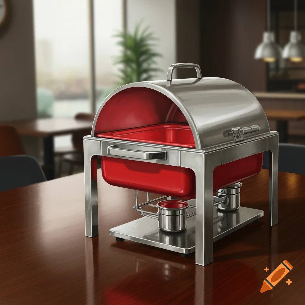 A modern silver chafer dish with red interior containers sits on a dark wooden table in a restaurant setting.