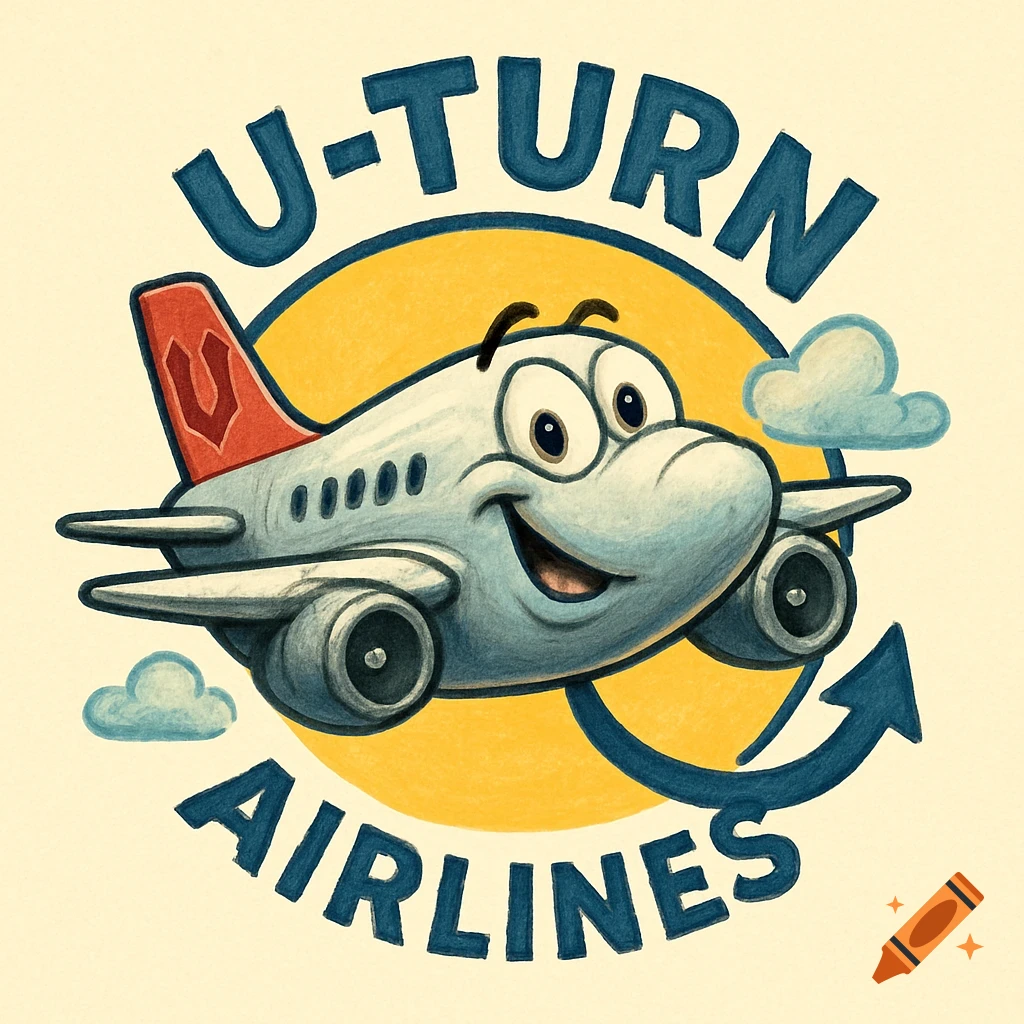 Cartoon logo for U-Turn Airlines featuring a smiling airplane in a yellow circle with a U-turn arrow.