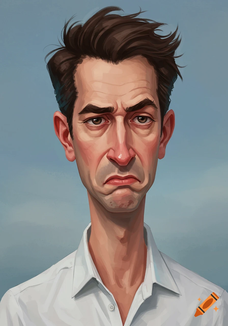 A detailed caricature of a man with brown hair and a white shirt, frowning with an irritated expression.