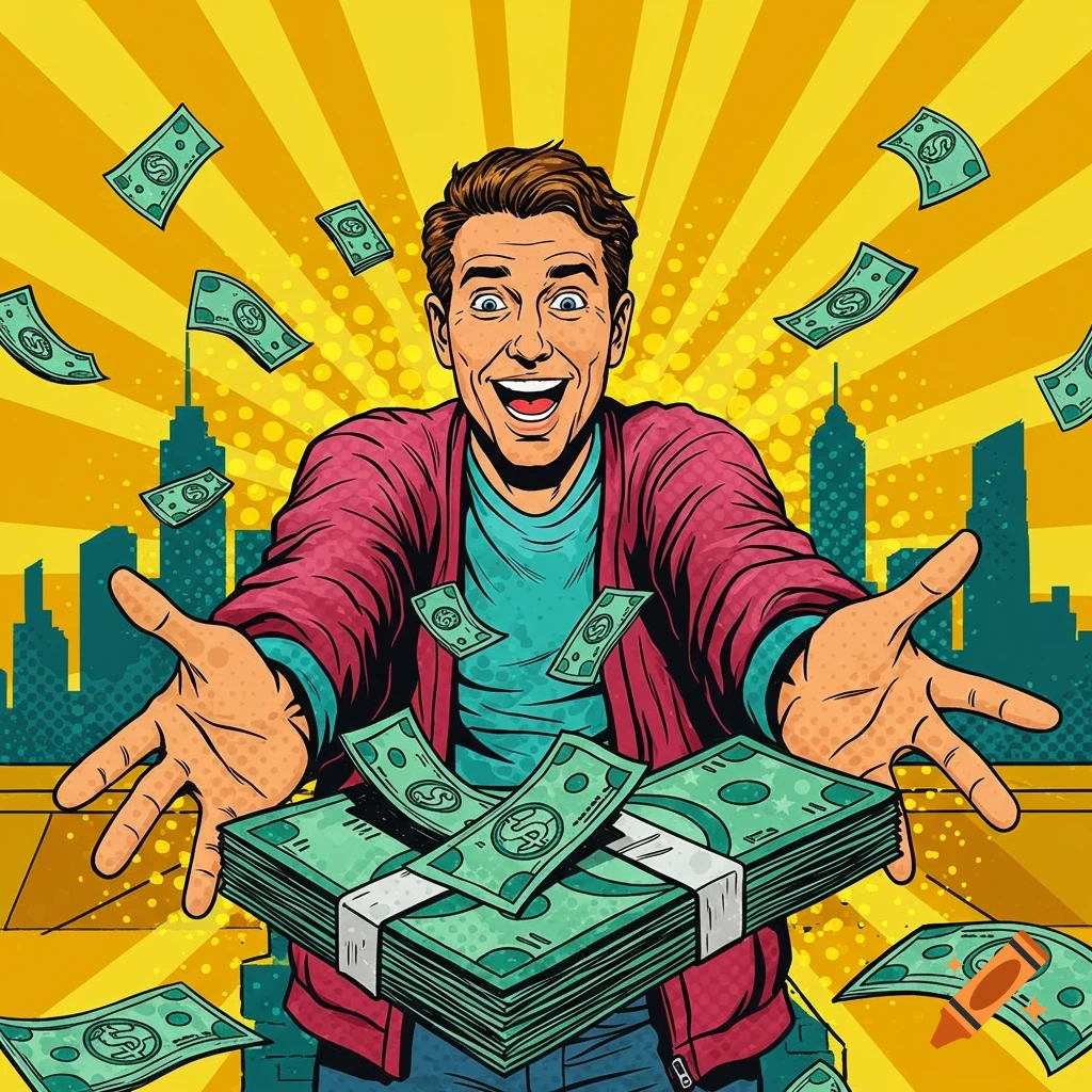 Pop art illustration of a man happily surrounded by flying money and stacks of cash with a city skyline background.