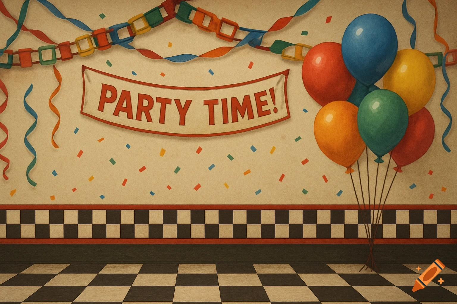 A vintage party background with a 'PARTY TIME!' banner, colorful balloons, streamers, confetti, and a black-and-white checkered floor.