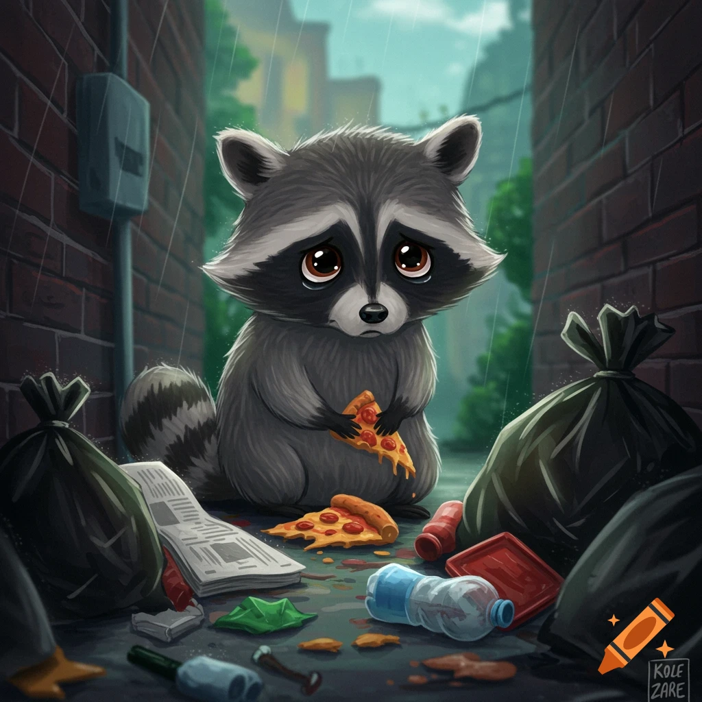 A sad cartoon raccoon sits in a rainy alley, holding a slice of pizza amidst trash bags and discarded items.