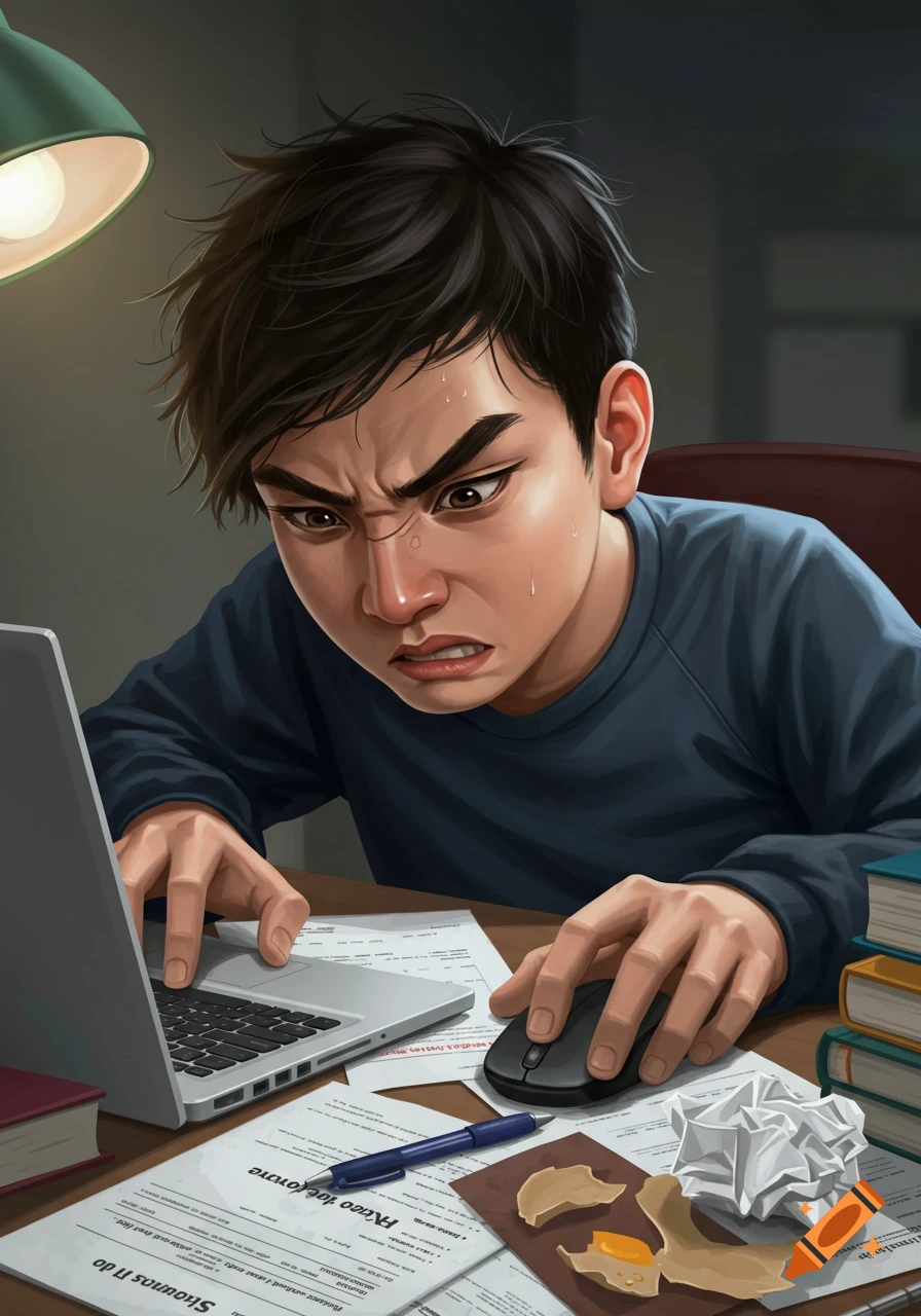 An illustration of a stressed male high school student intensely focused on his laptop while applying to colleges, surrounded by papers.