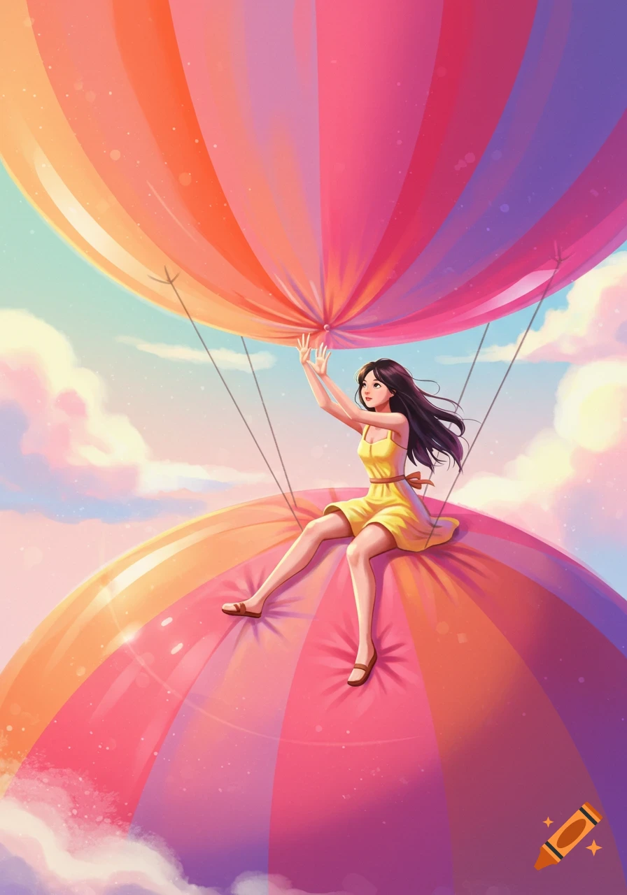 An illustrated young woman in a yellow dress sits on a colorful hot air balloon, reaching up towards another balloon in a vibrant sky with clouds.