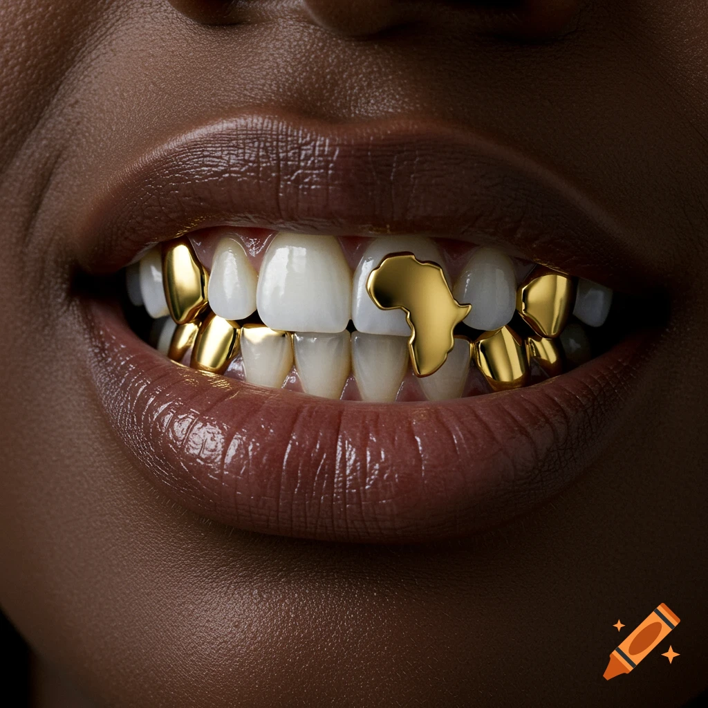 Ultra-realistic close-up of a dark-skinned woman's mouth with glossy lips and gold grills, including an African continent shape on one tooth.