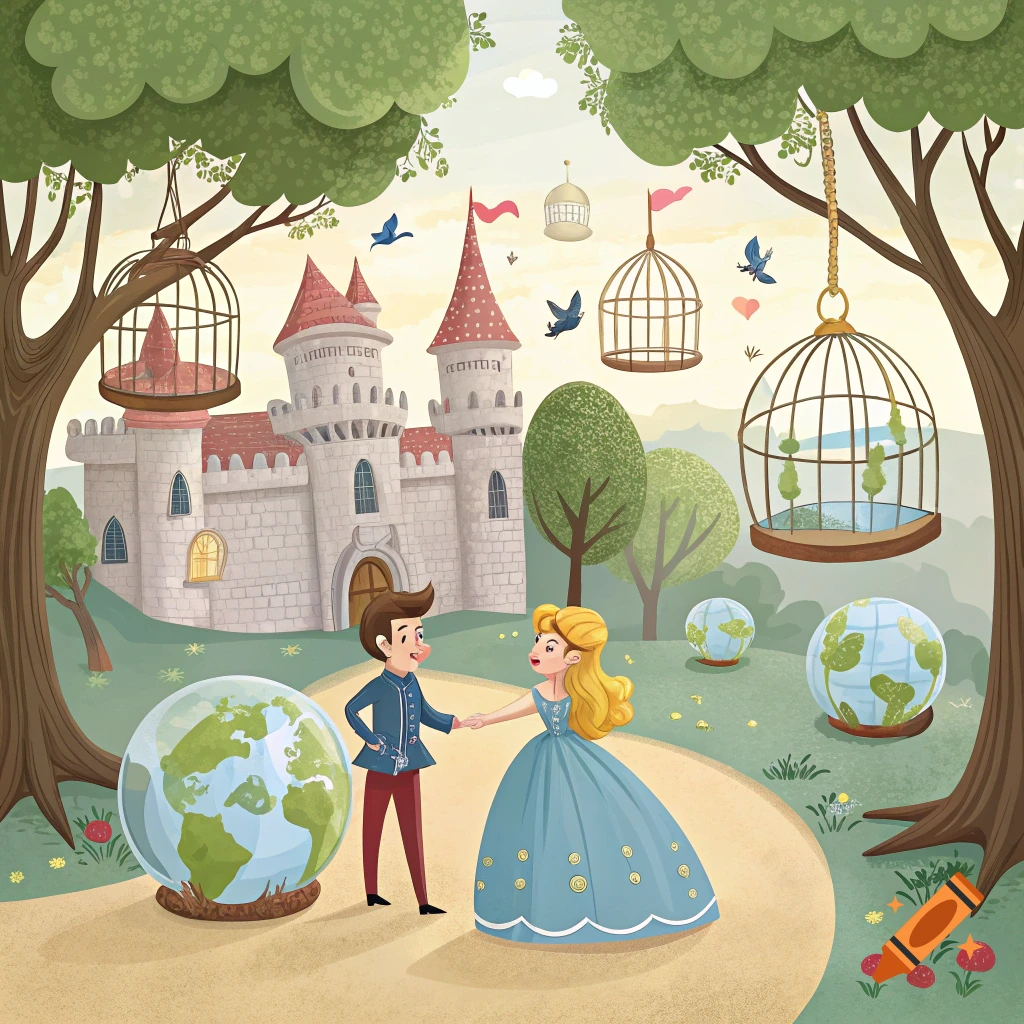 An illustrated fairytale scene with a prince and princess holding hands in a forest, a castle in the background, and bird cages and globes around them.