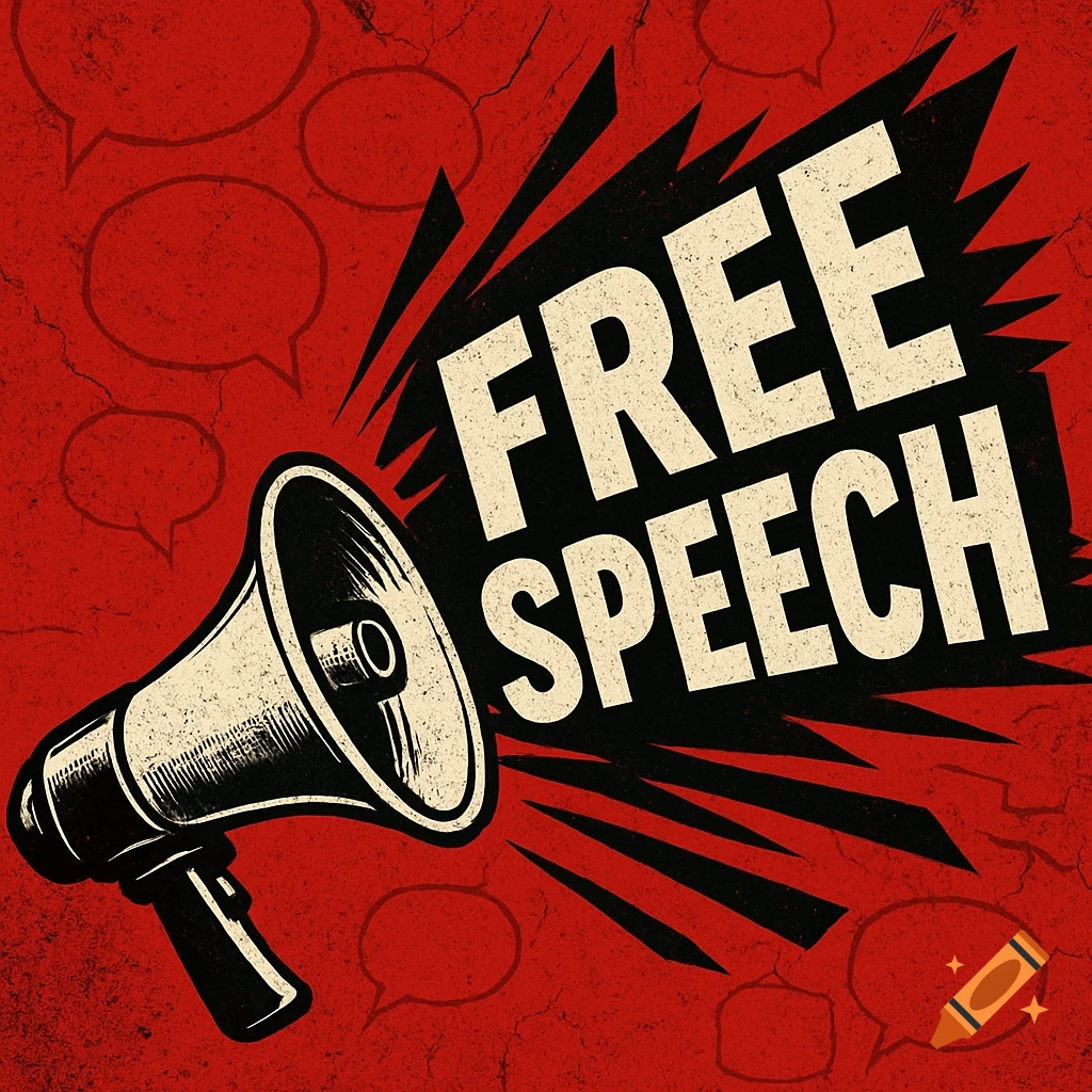 A bold graphic design in red and black, featuring a megaphone with the words "FREE SPEECH" bursting out in large, white, capital letters. The background has a grunge texture with subtle speech bubbles.