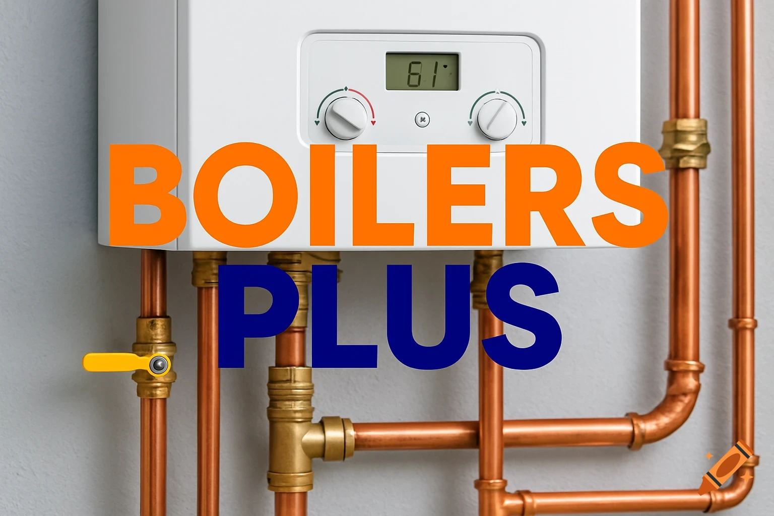 Photorealistic image of a white gas boiler and copper pipework with the orange text 'BOILERS' and blue text 'PLUS' overlaid.