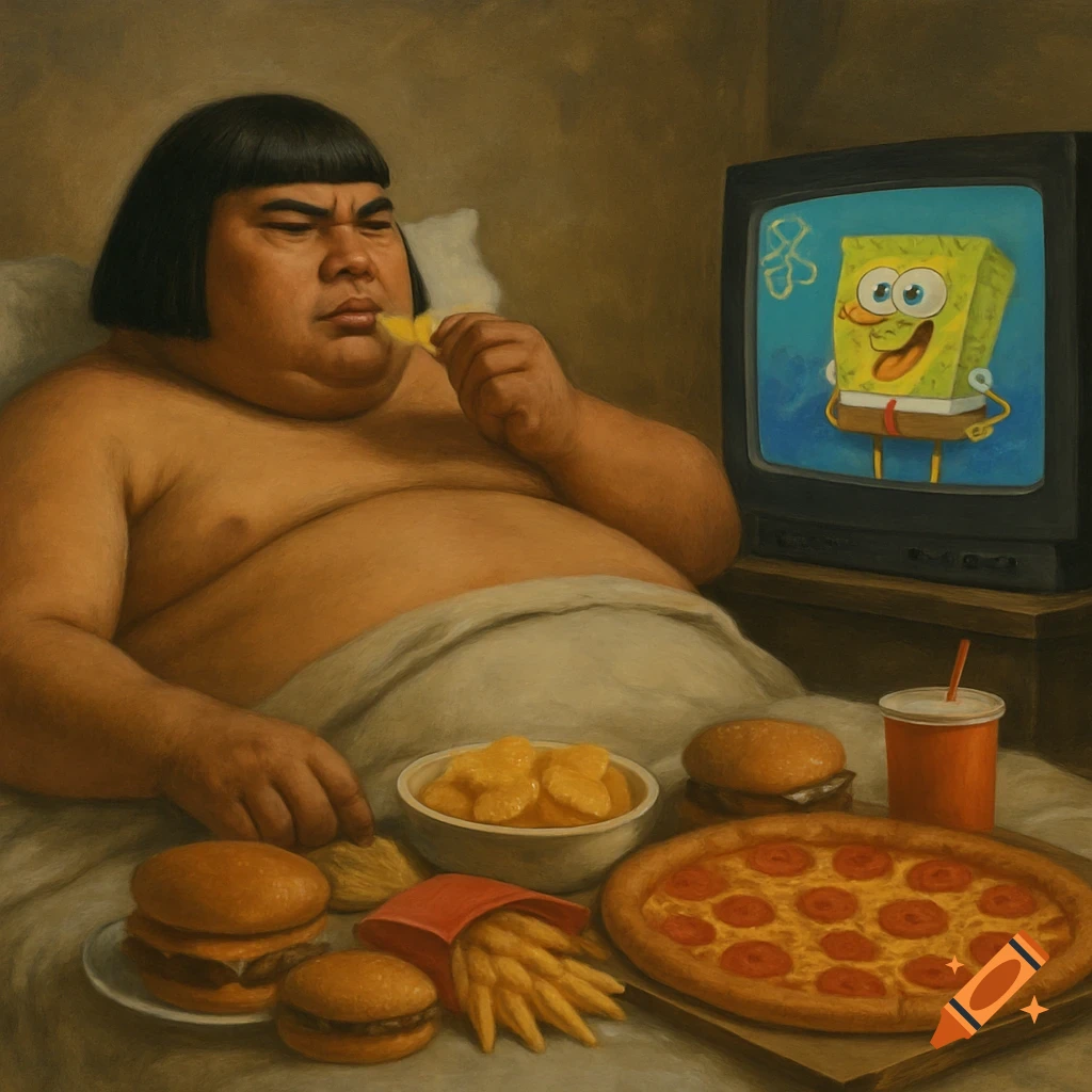 A large person with a bowl cut eats chips and other junk food in bed while watching Spongebob Squarepants on an old TV, oil painting style.