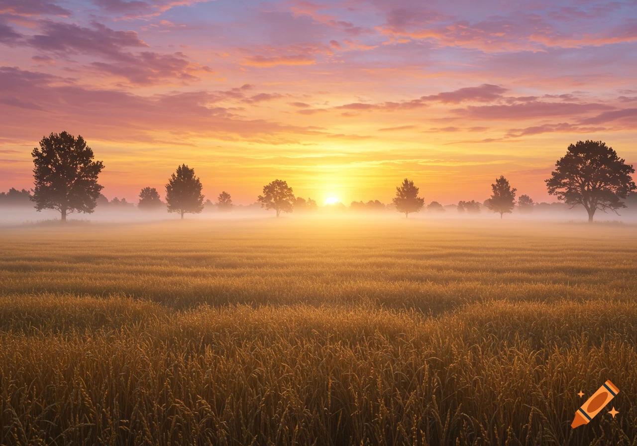 Photorealistic sunrise over a golden field with silhouetted trees in the mist.