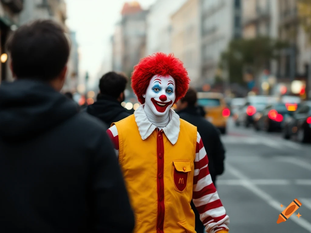 Ronald McDonald smiles while standing in the middle of a city street, with people and cars in the blurred background.