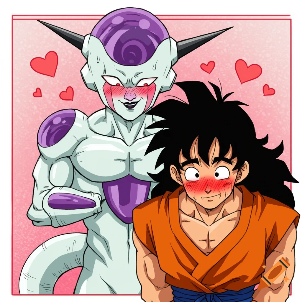 Anime illustration of Frieza and Yamcha from Dragon Ball Z blushing with hearts, looking lovestruck.
