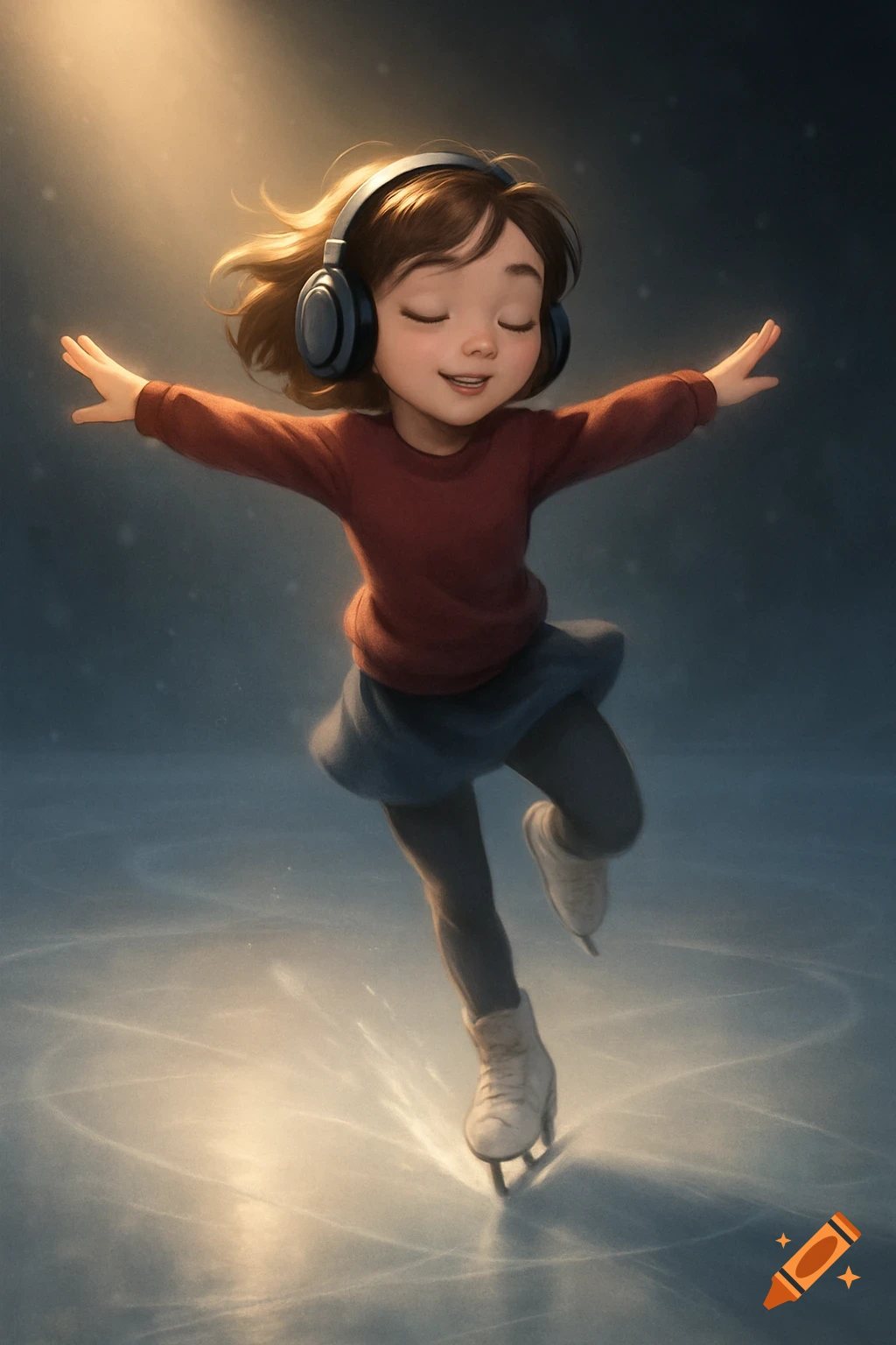 A smiling cartoon girl with headphones gracefully ice skates with eyes closed and arms outstretched, under a warm spotlight.