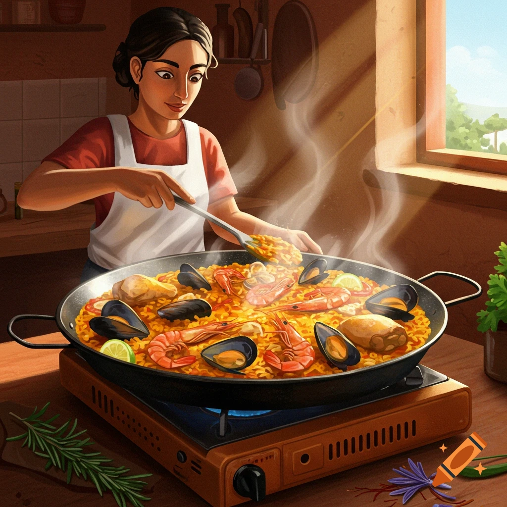 A woman cooks paella in a large pan on a stove in a sunlit kitchen, steam rising from the dish.
