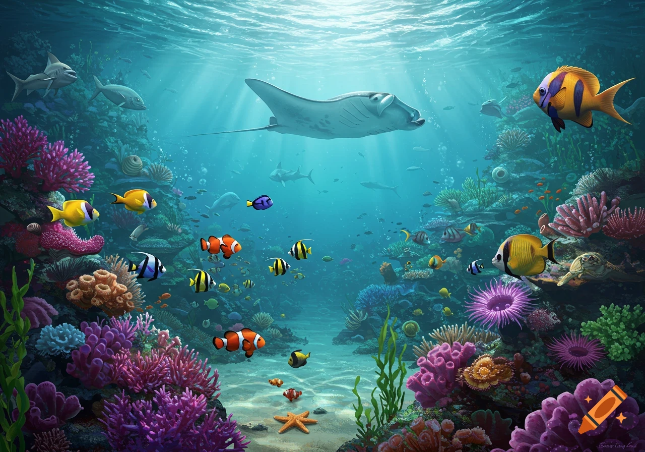 A vibrant underwater scene with colorful coral reefs, numerous fish, and a large manta ray swimming above.