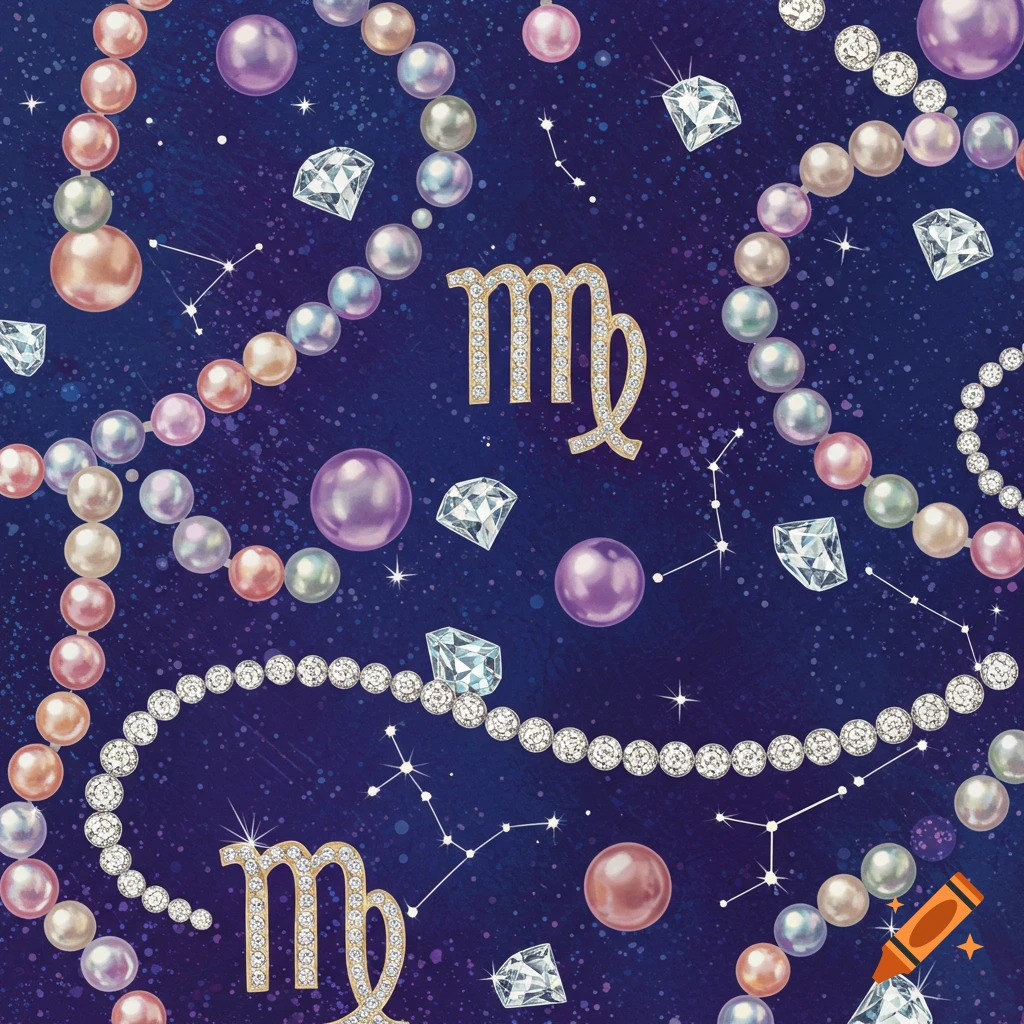 Multicolor pearl strands, diamonds, and golden Virgo zodiac symbols on a dark blue starry background.