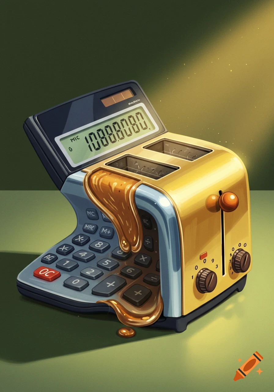 A calculator melting and transforming into a golden toaster, with a honey-like substance dripping from the conversion point, against a dark green background.