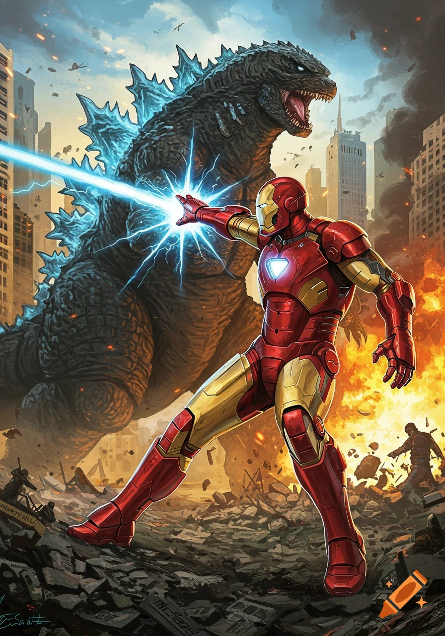 Iron Man fires a repulsor blast at Godzilla in a destroyed city, comic book art style.