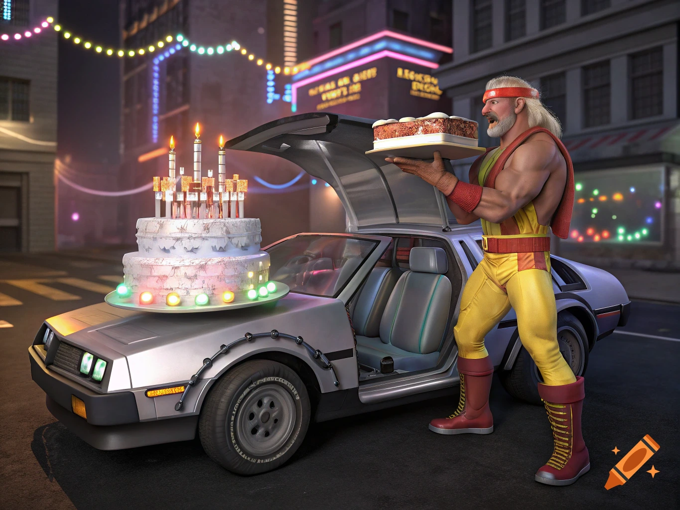 A muscular man resembling Hulk Hogan stands next to a DeLorean car with a birthday cake on its hood, holding another cake, on a city street at night.