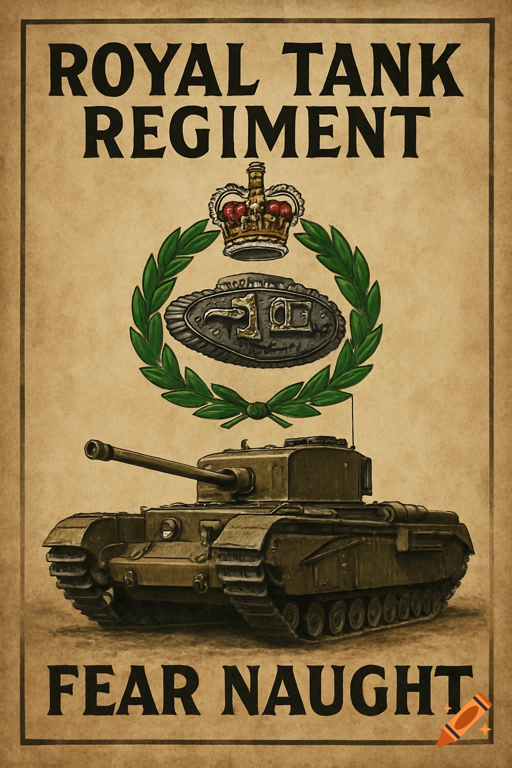 A vintage-style military poster featuring a dark green British tank, a crown, and a laurel wreath emblem on a beige background. The text reads "ROYAL TANK REGIMENT" and "FEAR NAUGHT".