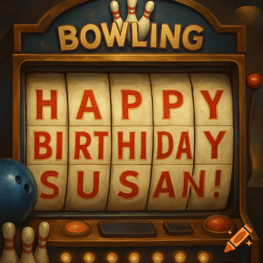 A vintage-style slot machine with a bowling theme, displaying 'Happy Birthday Susan!' on its reels.