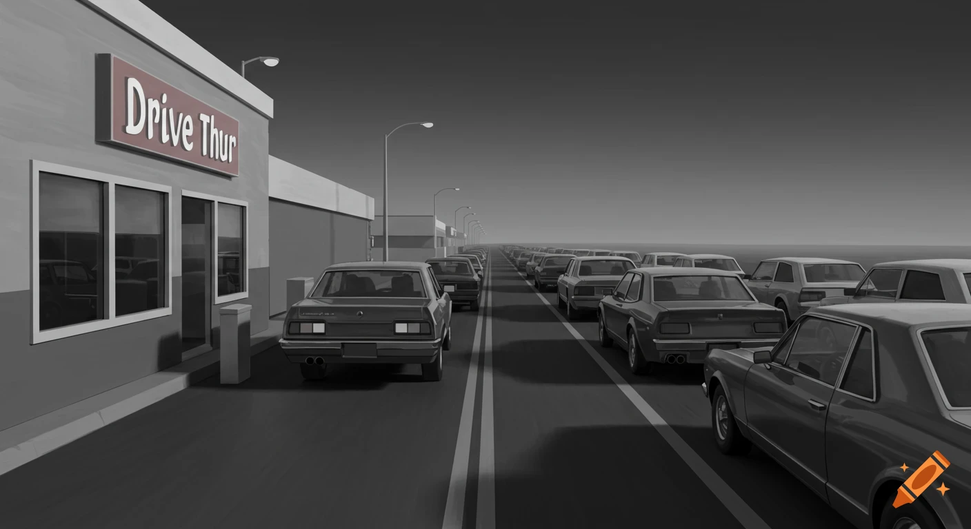 Black and white illustration of a long line of cars at a drive-thru window.