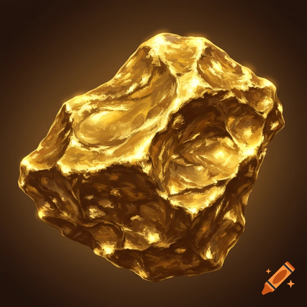 A shiny, textured gold nugget on a dark, warm brown background.