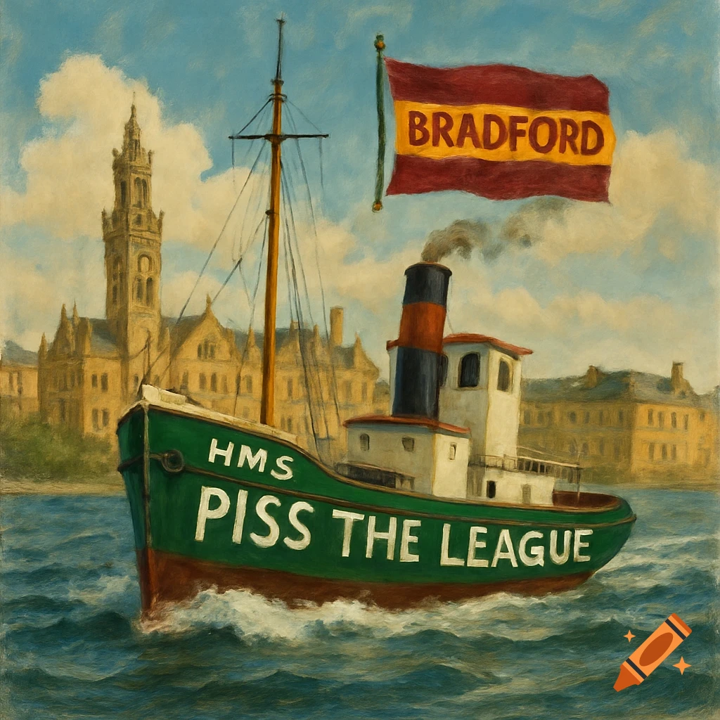 Painterly image of a green tugboat named 'HMS PISS THE LEAGUE' with a 'BRADFORD' flag, sailing on water with a classical building in the background.
