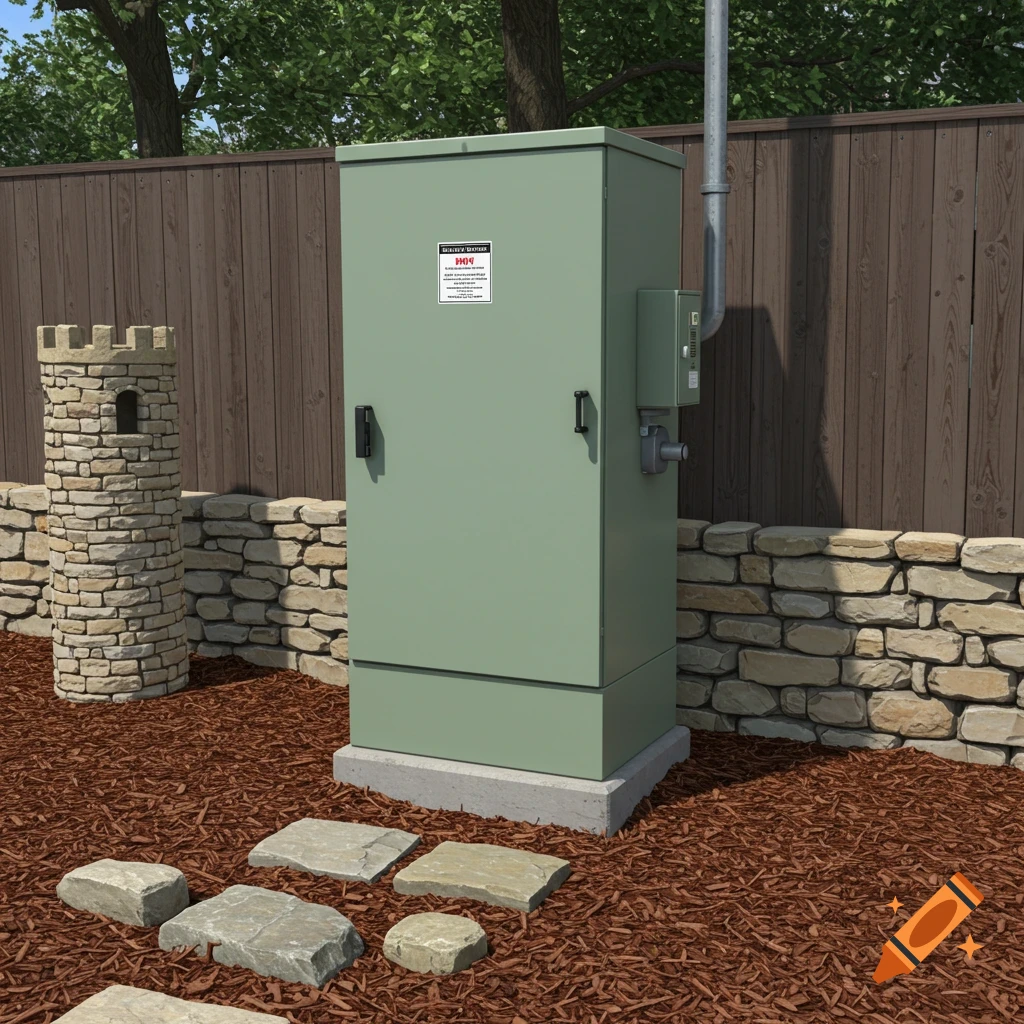 Photorealistic image of a green utility box in a garden with mulch, flagstones, a stone wall, and a tower-like structure in front of a wooden fence.