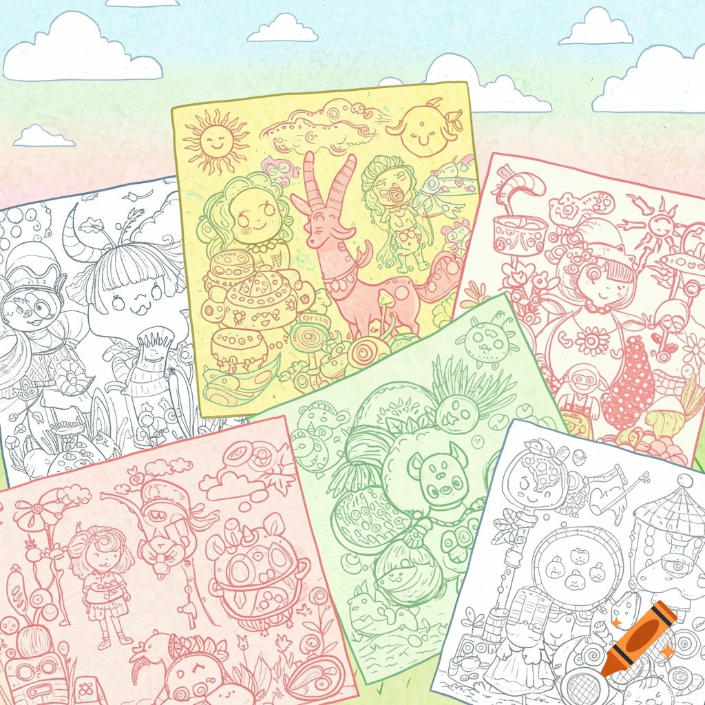 Whimsical line art coloring pages featuring cartoon characters and objects on a pastel sky background.
