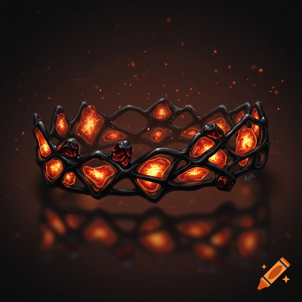 A fantasy circlet made of dark, organic-looking metal, featuring glowing orange-red molten centers and surrounded by embers.