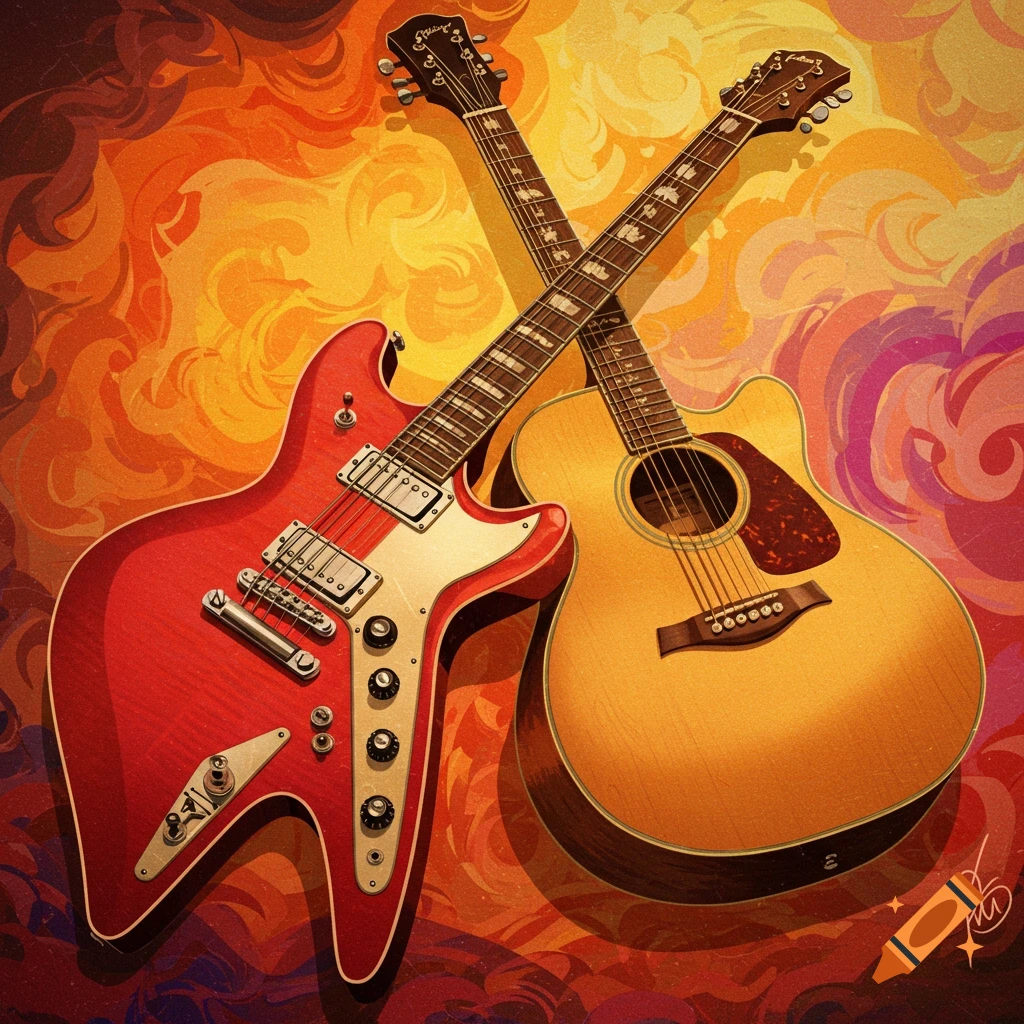 A red electric guitar and a light brown acoustic guitar cross each other on a vibrant, swirling orange, yellow, and purple background in a 70s album cover style.