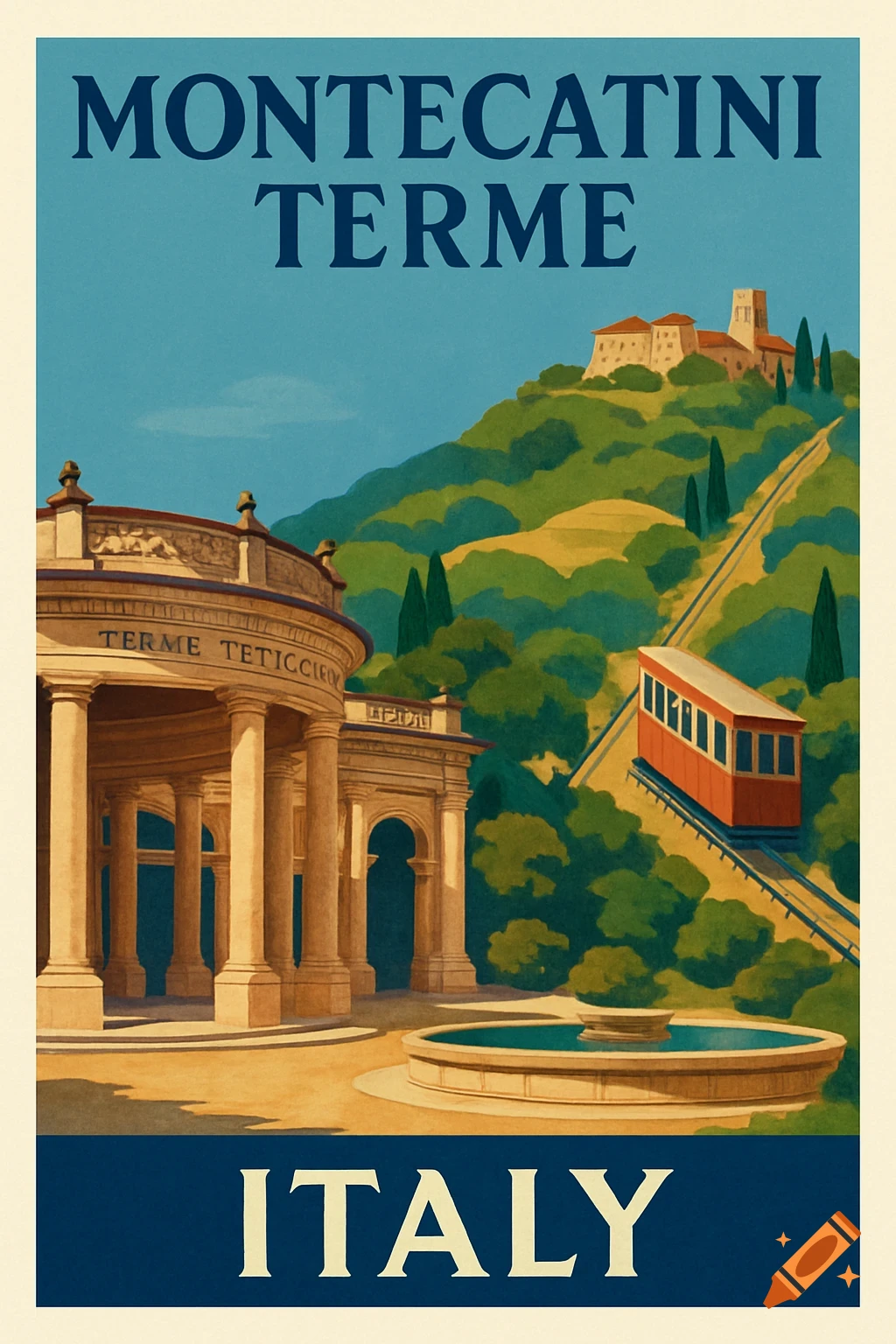 Vintage travel poster of Montecatini Terme, Italy, with Terme Tettuccio, a funicular on a hill, and a fountain in a flat, painterly style.