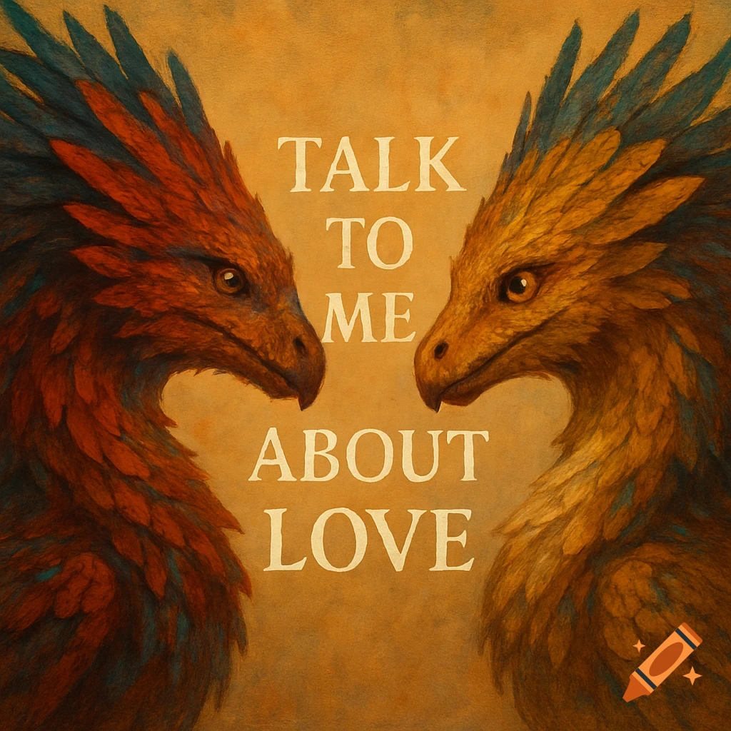 Two feathered dragons, one red and one golden, face each other with the text 'TALK TO ME ABOUT LOVE' between them in an artistic style.